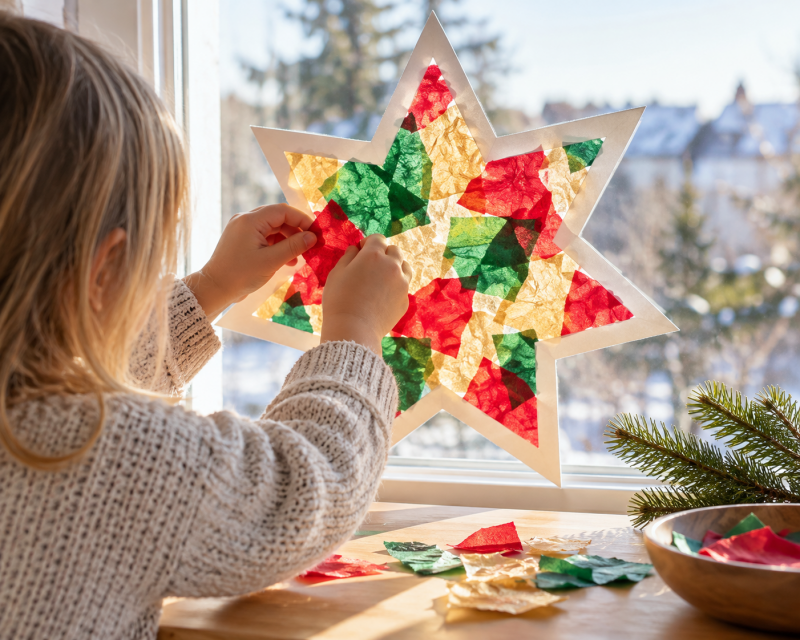 Kleines Kind gestaltet einen großen Weihnachtsstern aus rotem, grünem und goldenem Transparentpapier am Fenster.
