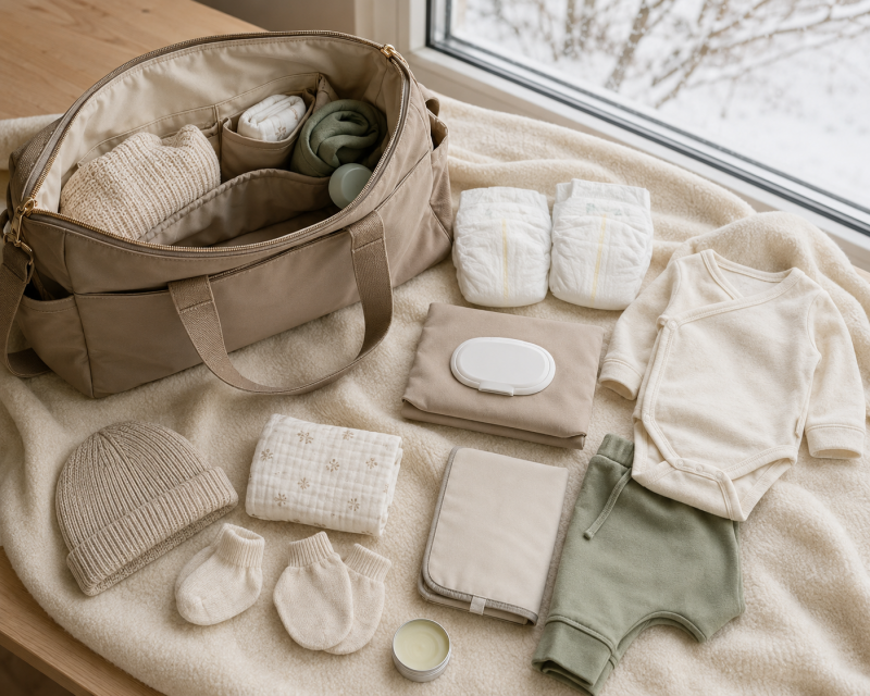 Gepackte Wickeltasche für einen Winterausflug mit Baby, Windeln, Wechselkleidung, Mütze und Wickelunterlage