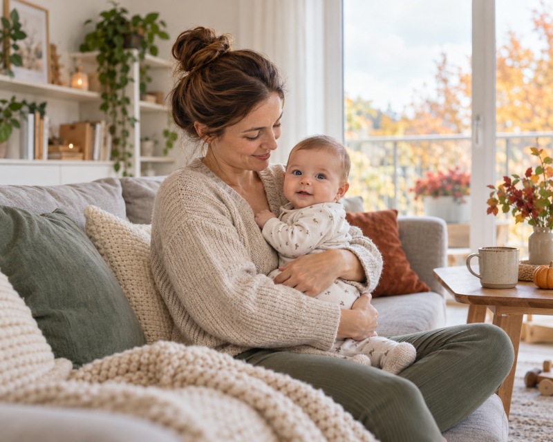 Mutter mit Baby während der RSV-Saison im Herbst