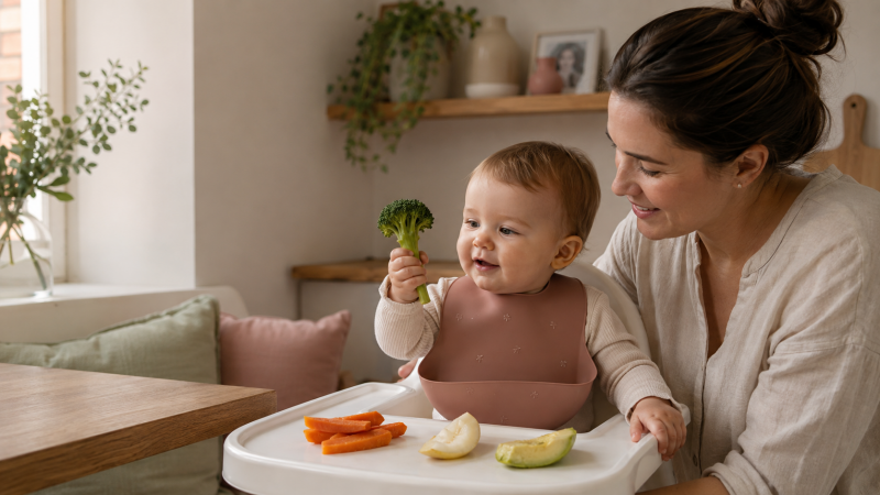 Baby entdeckt weiches Fingerfood unter aufmerksamer Begleitung seiner Mama