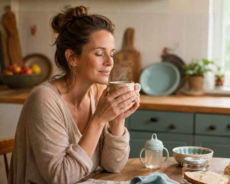 Mama nimmt sich im Familienalltag einen ruhigen Moment für eine warme Tasse Tee
