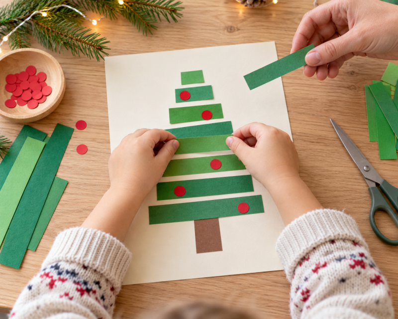 Kind klebt grüne Papierstreifen zu einem einfachen Weihnachtsbaum mit roten Papierkugeln auf helles Papier.