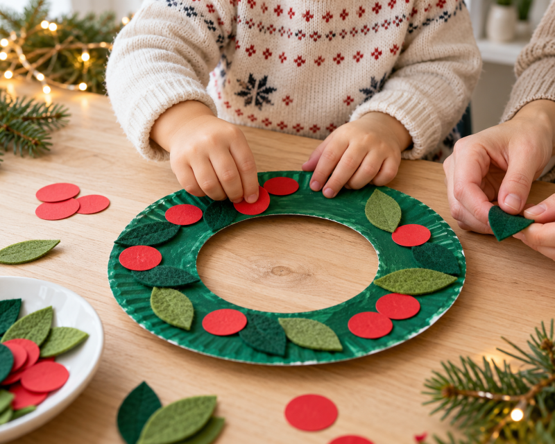 Kind dekoriert einen grün bemalten Weihnachtskranz aus Pappteller mit roten Papierkreisen und Filzblättern.