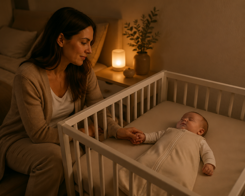 Mutter hält nachts die Hand ihres schlafenden Babys und fragt sich, ob ihm kalt ist.