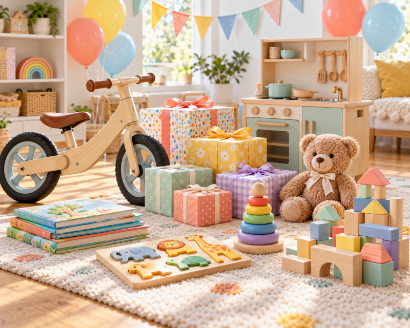 Geschenkideen zum zweiten Geburtstag mit Laufrad, Spielküche, Bilderbüchern, Puzzle, Holzbausteinen und bunt verpackten Geschenken