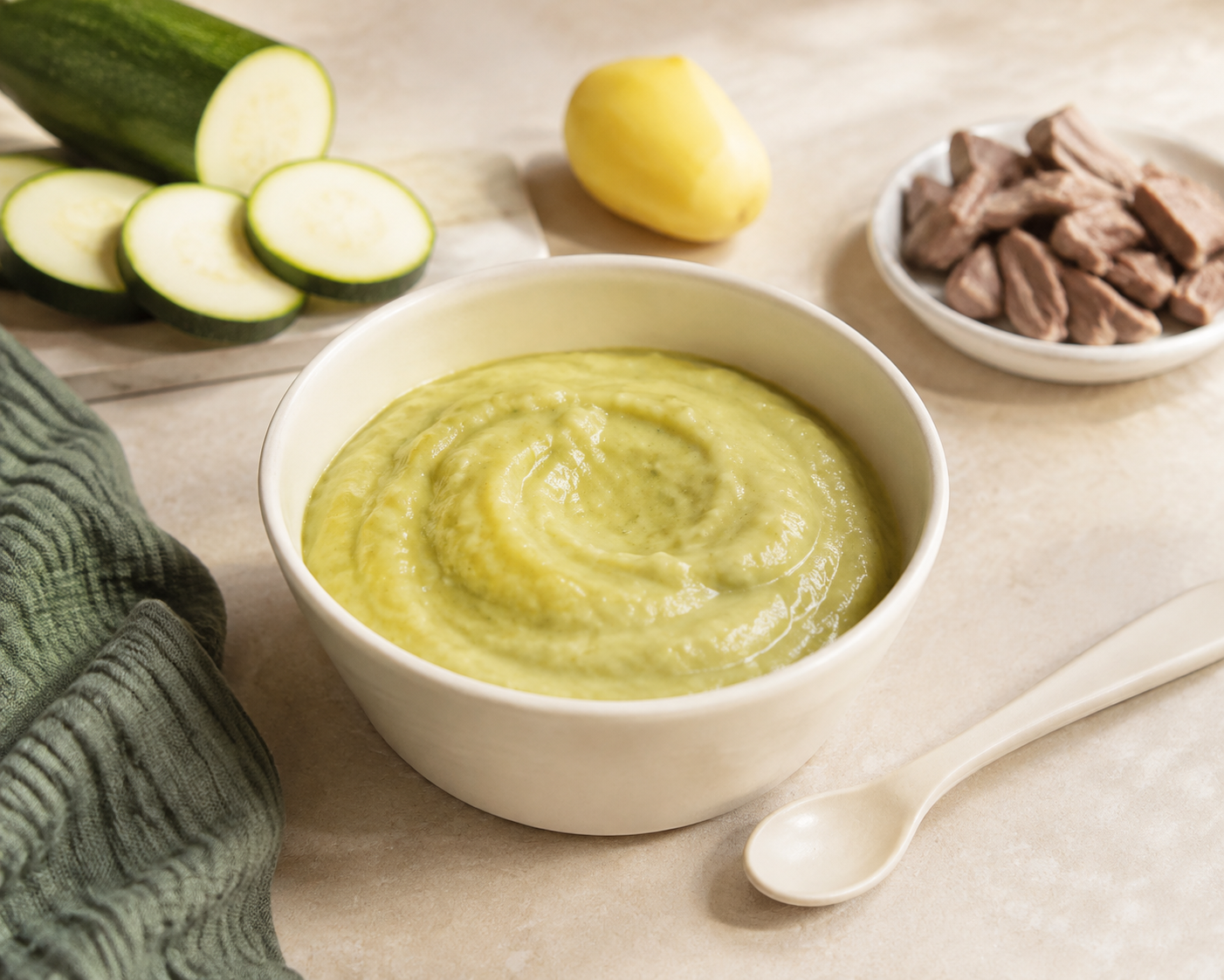 Selbst gemachter Zucchini-Kartoffel-Brei mit Rindfleisch in einer hellen Babyschale