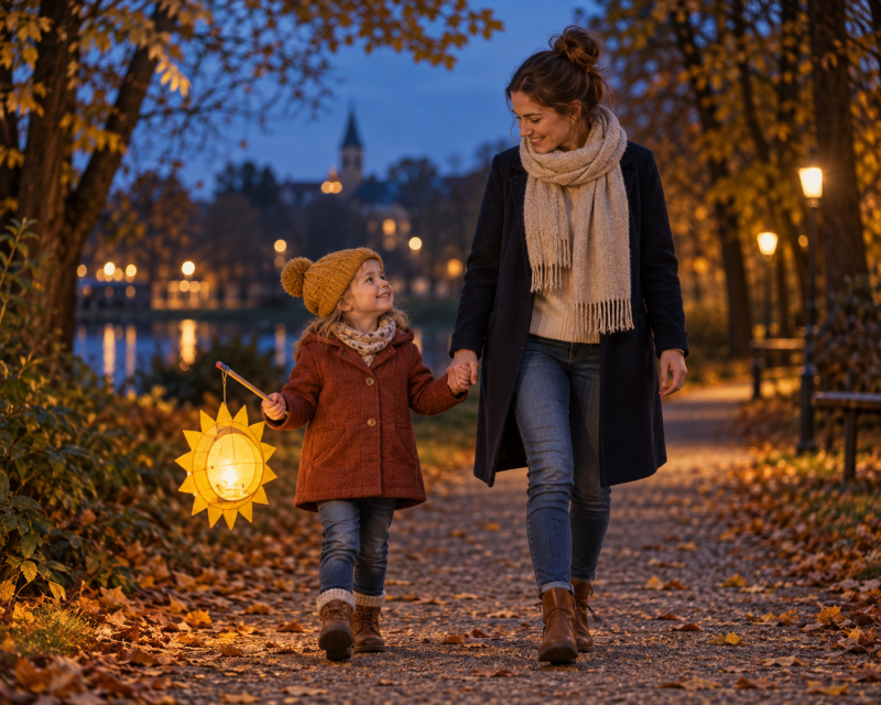 Mutter und Kleinkind gehen bei Dämmerung mit einer leuchtenden Sonnenlaterne spazieren