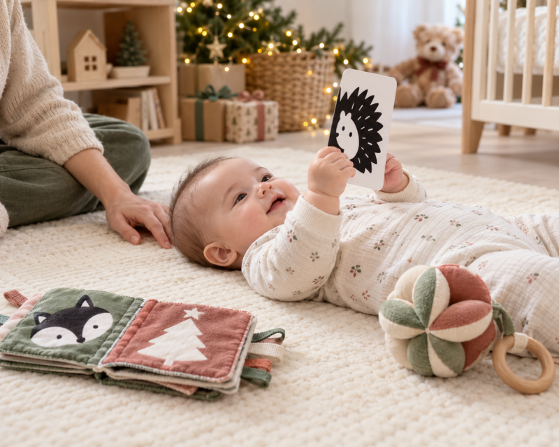 Baby entdeckt eine Kontrastkarte, ein weiches Stoffbuch und einen Greifball in einer gemütlich weihnachtlichen Spielecke.