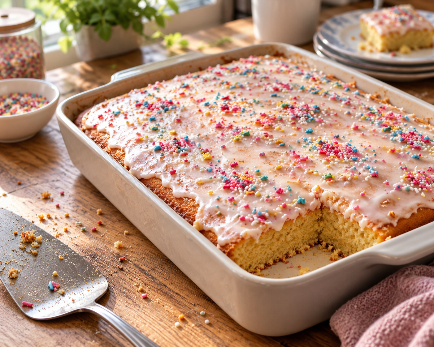 Bunter selbstgemachter Kindergeburtstagskuchen vom Blech mit Vanillefrosting und Streuseln