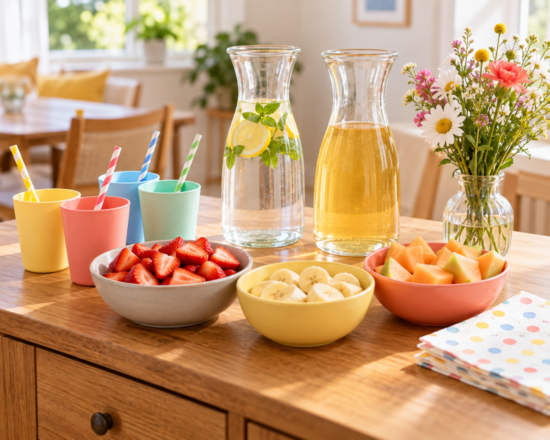 Obst und einfache Getränke für Kinder auf einem Geburtstagstisch mit Wasser, Saftschorle und bunten Bechern.