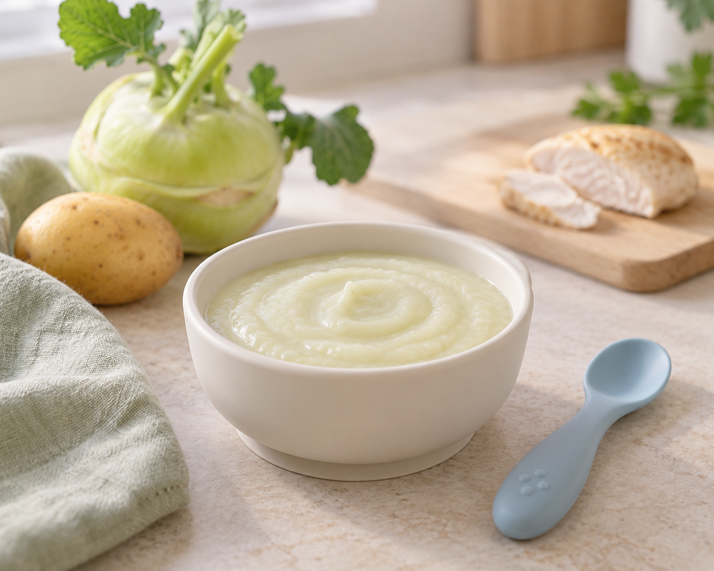 Selbst gemachter Kohlrabi-Kartoffel-Brei mit Putenfleisch in einer hellen Babyschale