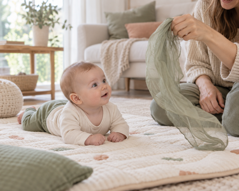 Baby entdeckt ein buntes Spieltuch in Bauchlage