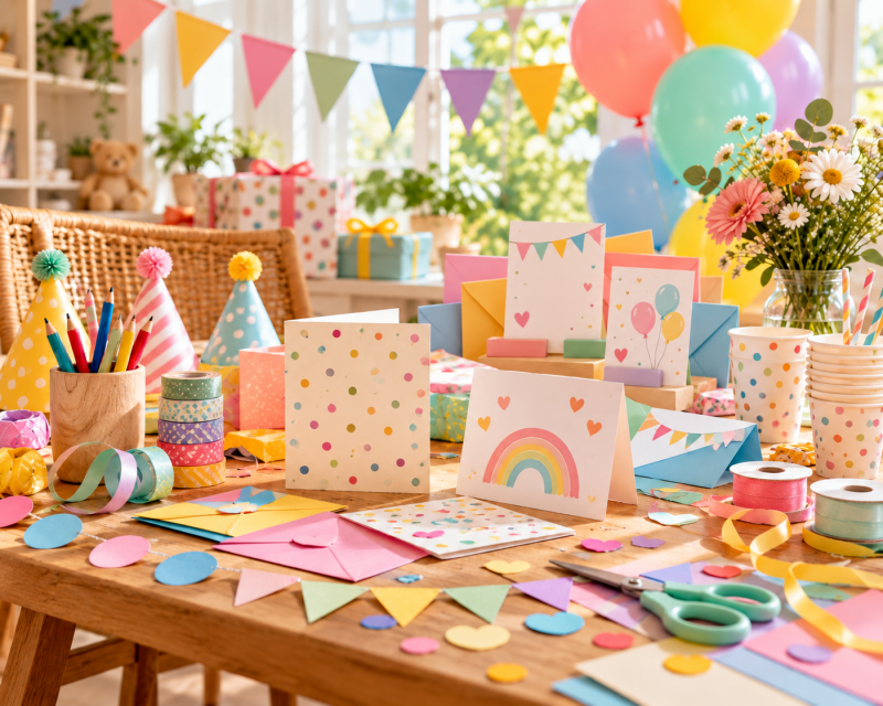 Bunte selbstgemachte Einladungskarten, Umschläge und Bastelmaterial für einen Kindergeburtstag auf einem festlich dekorierten Tisch.