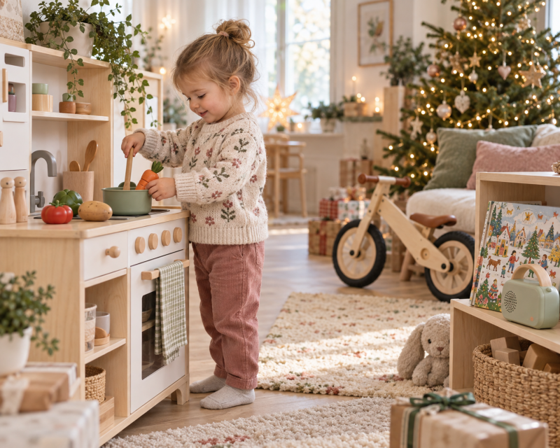Kleinkind spielt an einer Holzküche, während Laufrad, Bilderbuch und Kinder-Audioplayer als Weihnachtsgeschenke bereitstehen.