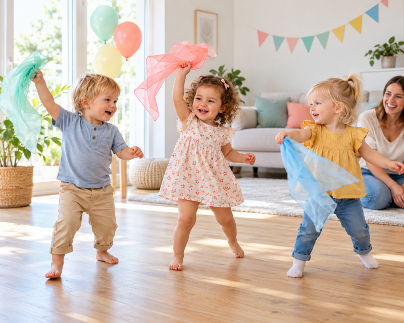 Kleine Kinder tanzen bei einem Kindergeburtstag mit bunten Tüchern in einem hellen Wohnzimmer.