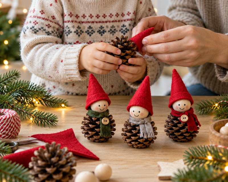 Kind bastelt mit Unterstützung kleine Weihnachtswichtel aus Tannenzapfen, Holzperlen und roten Filzmützen.