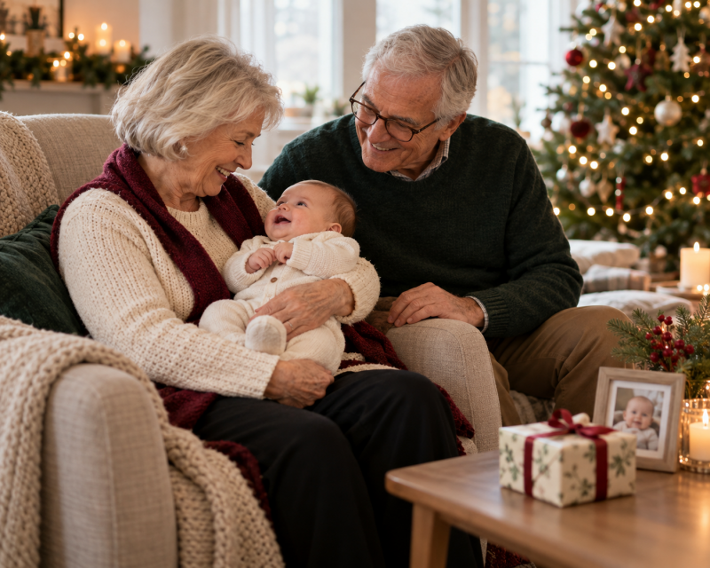 Oma und Opa genießen einen liebevollen Moment mit ihrem Baby-Enkelkind vor dem Weihnachtsbaum.