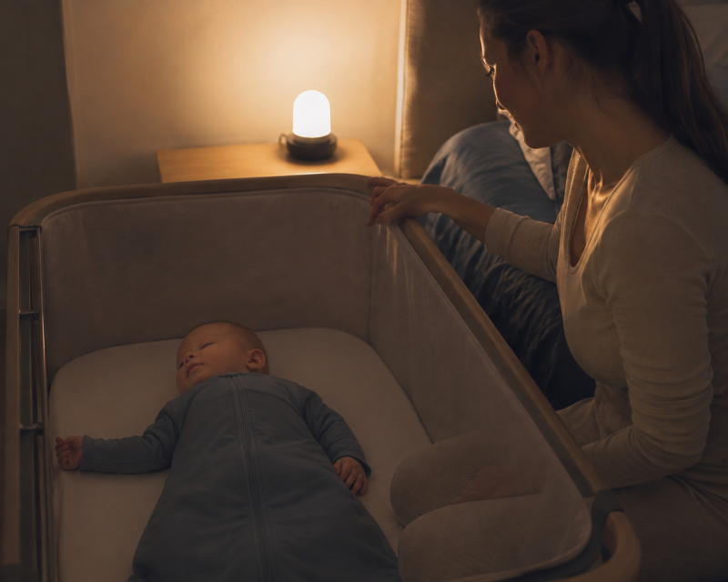 Baby schläft nach dem nächtlichen Wickeln im Schlafsack in einem freien Beistellbett