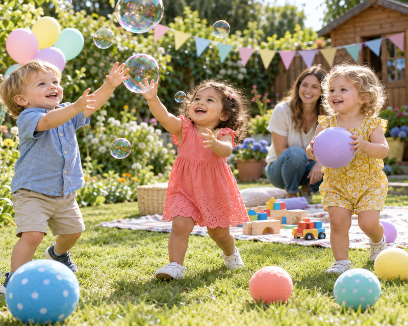 Drei Kleinkinder spielen bei einem Kindergeburtstag im Garten mit Seifenblasen, Bällen und bunten Bauklötzen.
