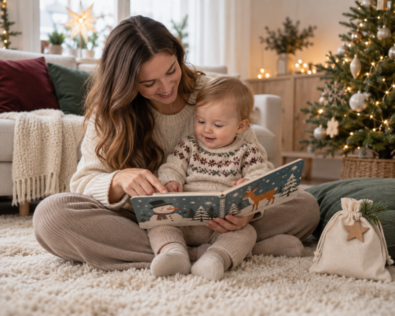 Mutter und Baby schauen gemeinsam ein weihnachtliches Bilderbuch als Adventskalender-Aktivität an.