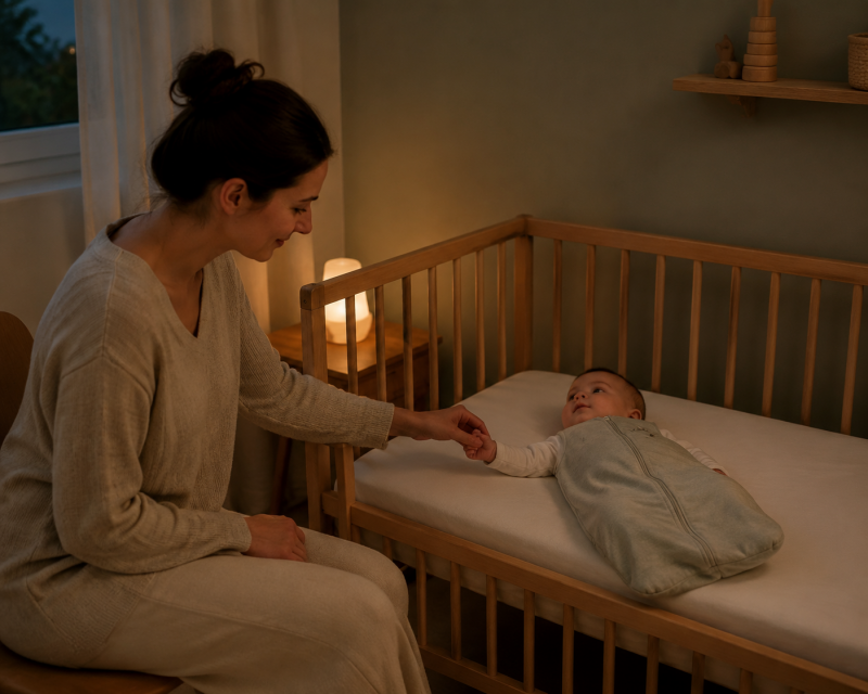 Mutter sitzt neben dem Babybett und hält die Hand ihres wach im Bettchen liegenden Babys