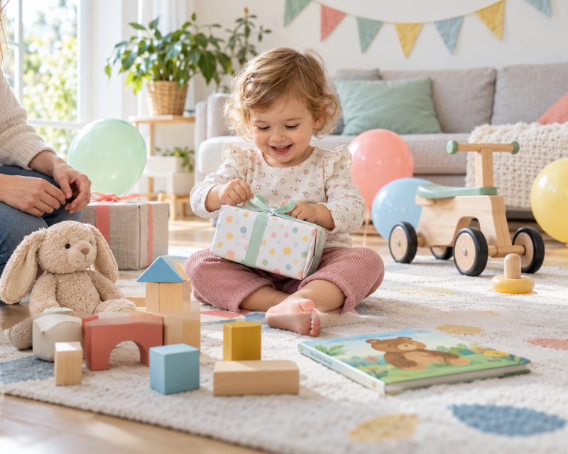 Kleinkind öffnet an seinem Geburtstag ein Geschenk zwischen altersgerechtem Spielzeug, Bilderbuch und bunten Luftballons.