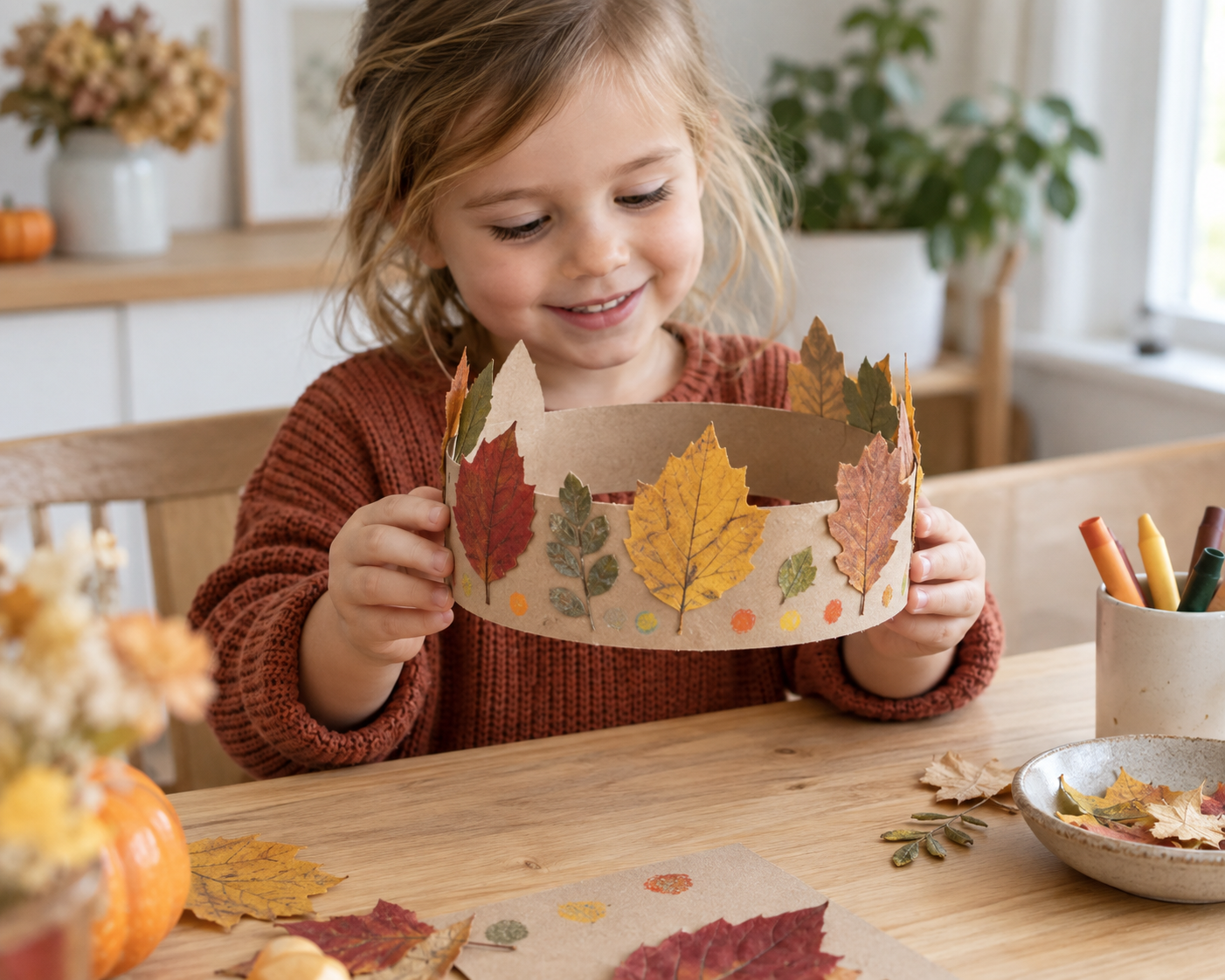 Kind zeigt selbst gebastelte Herbstkrone aus Pappe und bunten Blättern