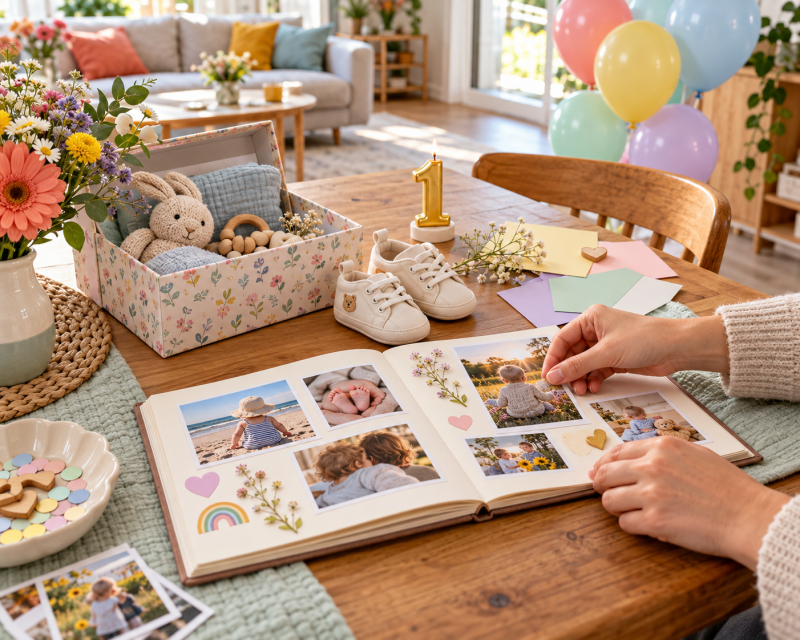 Erinnerungen an den ersten Geburtstag mit Fotoalbum, Erinnerungsbox, Babyschuhen, Wunschkarten und Zahlenkerze