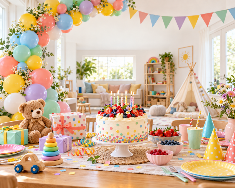 Farbenfrohe Kindergeburtstagsfeier mit Geburtstagstorte, Ballongirlande, Geschenken, Partydeko und Spielzeug in einem hellen Familienzimmer.