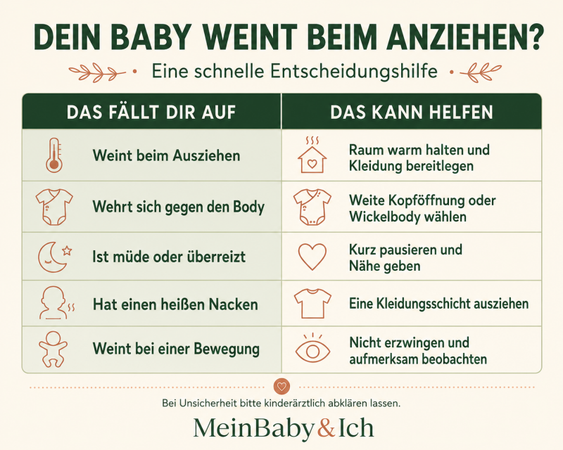 Entscheidungshilfe mit fünf möglichen Gründen und Tipps, wenn ein Baby beim Anziehen weint