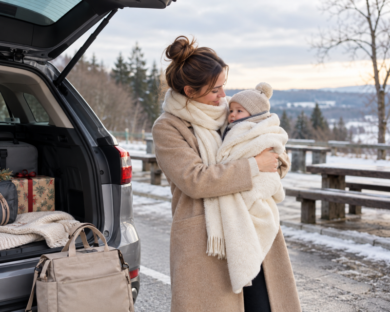 Mutter macht mit ihrem warm eingepackten Baby eine Pause neben dem Auto während einer winterlichen Autofahrt zu Weihnachten.