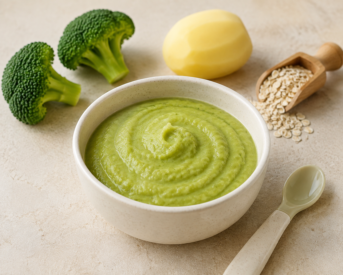 Vegetarischer Brokkoli-Kartoffel-Brei mit Haferflocken in einer kleinen Babyschale