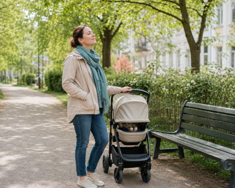 Mama atmet bei einem kurzen Spaziergang mit dem Kinderwagen bewusst durch