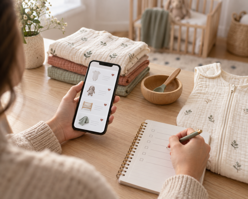 Mutter plant mit Smartphone und Checkliste ihre Baby-Wunschliste für die Prime Deal Days 2026