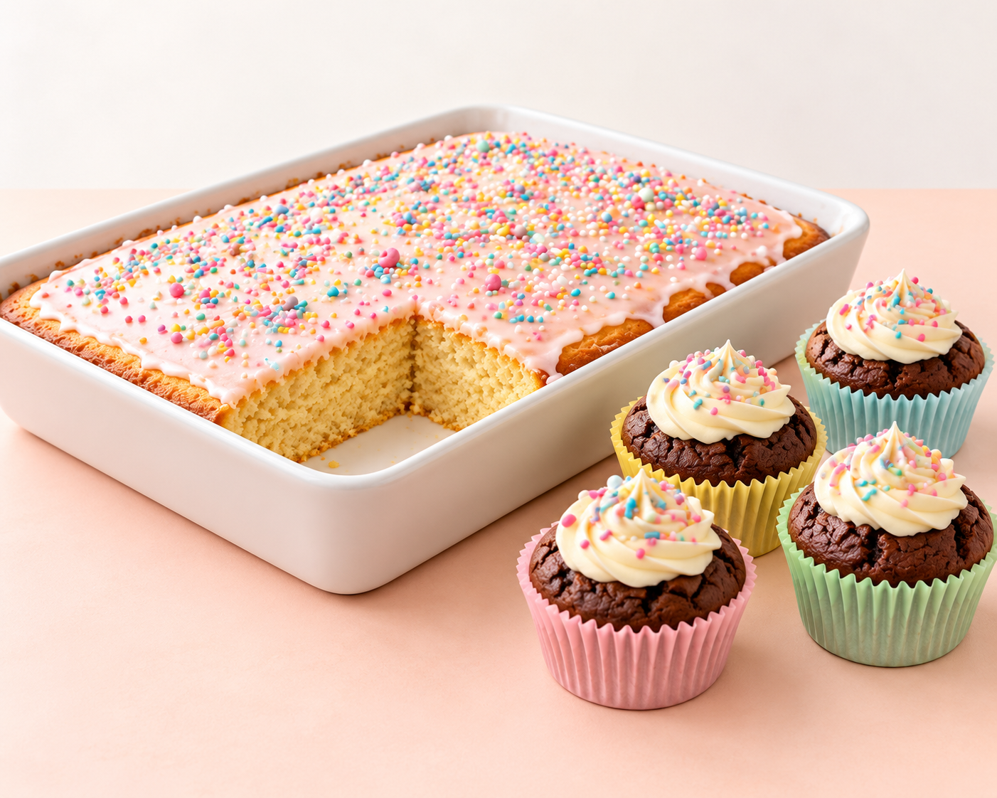 Heller Blechkuchen mit rosa Zuckerguss und bunten Streuseln neben Schokomuffins mit Vanillecreme für den Kindergeburtstag.