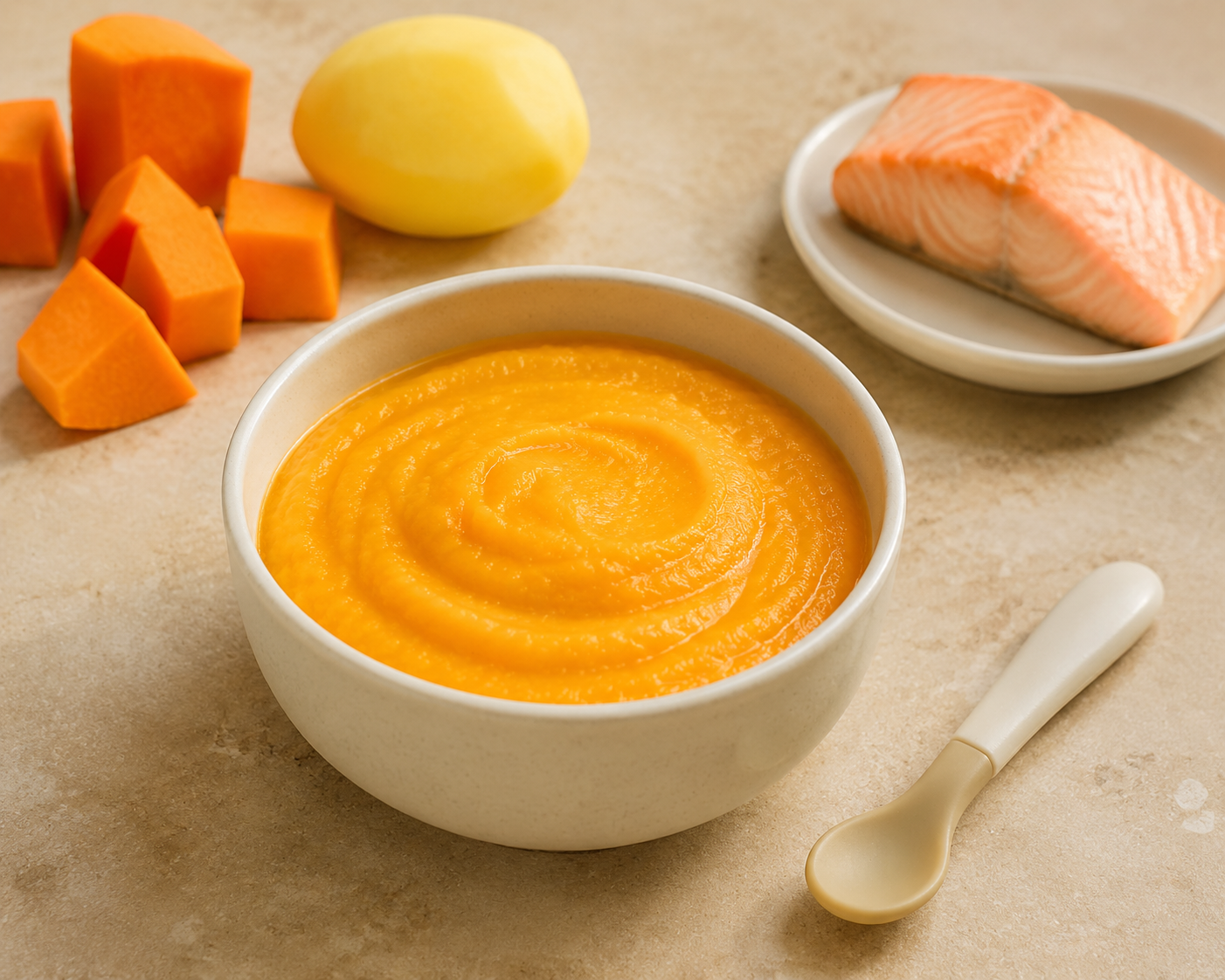 Cremiger Kürbis-Kartoffel-Brei mit Lachs als einfacher Mittagsbrei für Babys