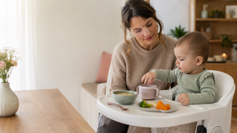 Mama begleitet ihr Baby entspannt beim Entdecken von Brei, Fingerfood und Wasser