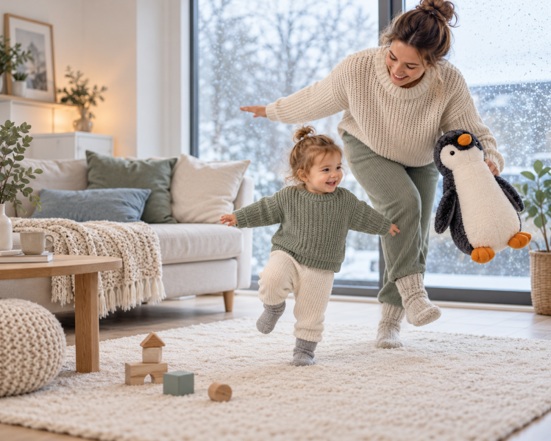 Mutter und Kleinkind spielen an einem kalten Wintertag im Wohnzimmer ein Pinguin Bewegungsspiel.