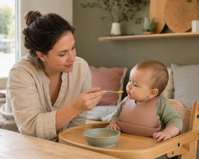 Mama bietet ihrem Baby entspannt den ersten Löffel Gemüsebrei an