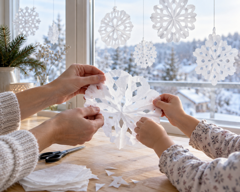 Erwachsene und Kind öffnen gemeinsam eine weiße Schneeflocke aus einem Kaffeefilter vor einem winterlichen Fenster.