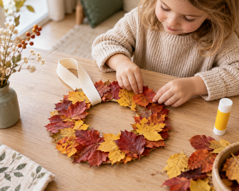 Kind bastelt Herbstkranz aus Pappteller und bunten Blättern