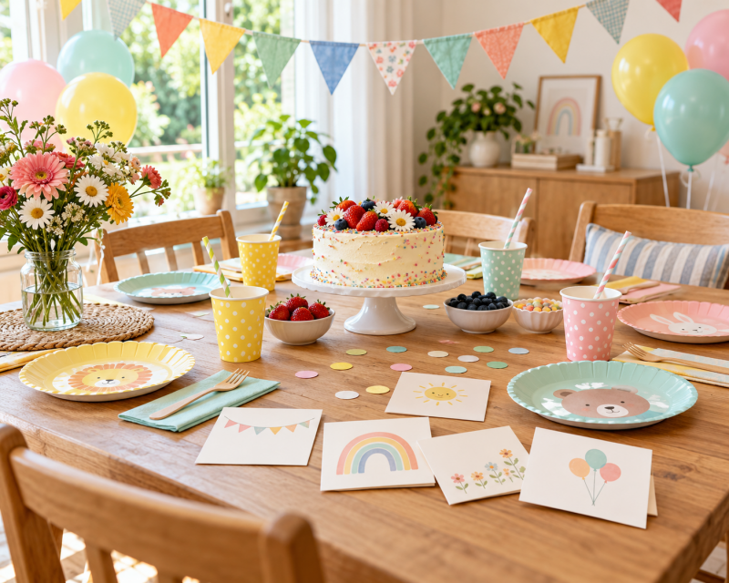 Fröhlich dekorierter Geburtstagstisch mit bunten Luftballons, Wimpelkette, Einladungskarten und pastellfarbenem Geschirr.