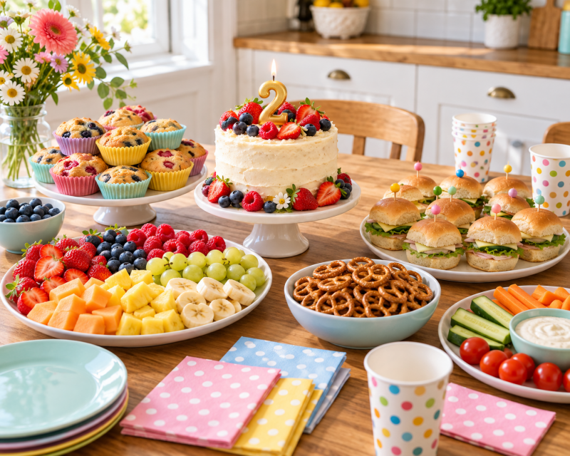 Buntes Buffet zum zweiten Geburtstag mit Beerentorte und Zahlenkerze 2, Muffins, Obstplatte, Mini-Sandwiches und kleinen Snacks