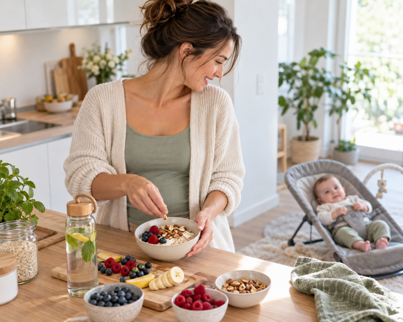 Mama bereitet in der Küche einen schnellen Snack aus Joghurt, Haferflocken, Beeren und Nüssen zu, während ihr Baby neben ihr liegt.