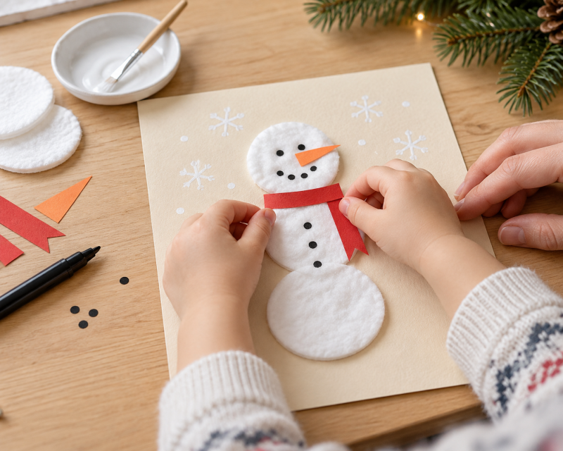 Kinderhände kleben einen Schneemann aus Wattepads mit rotem Papierschal und Karottennase auf helles Papier.