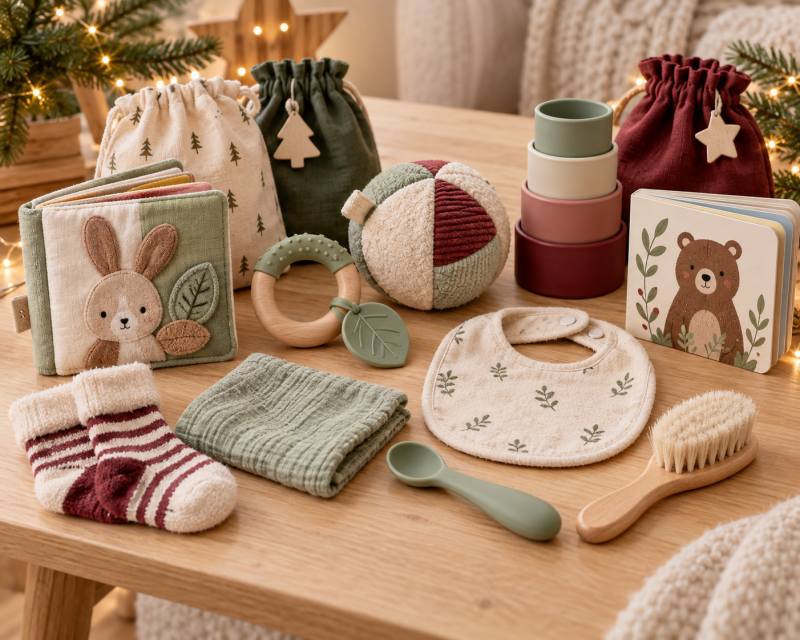 Altersgerechte Füllideen für einen Baby-Adventskalender mit Stoffbuch, Stapelbechern, Fühlball, Söckchen und praktischen Babyartikeln.