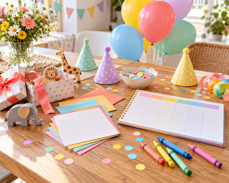 Bunter Tisch zur Planung eines Kindergeburtstags mit Einladungskarten, Kalender, Geschenken, Luftballons, Partyhüten, Konfetti und Stiften.