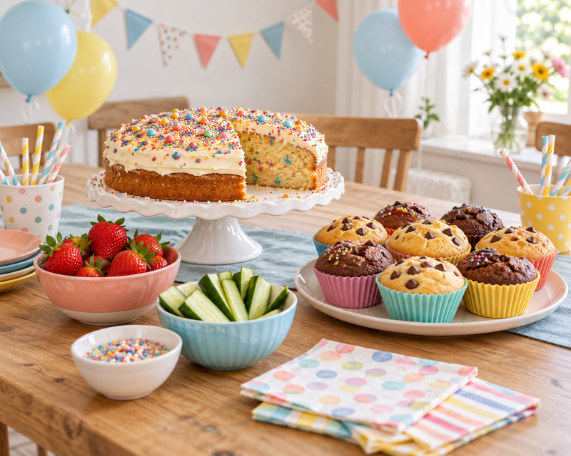Kuchen, bunte Muffins, Erdbeeren und Gemüsesticks auf einem liebevoll gedeckten Geburtstagstisch für Kinder.