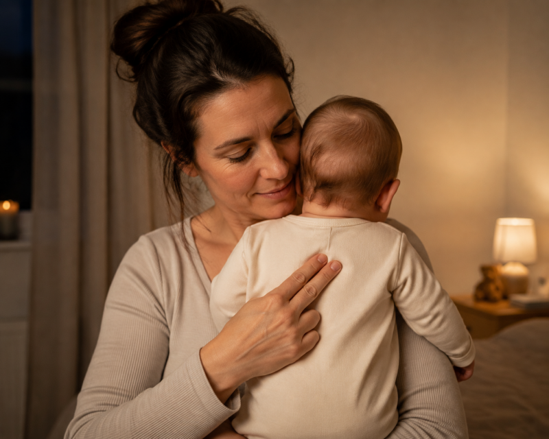 Mutter prüft mit zwei Fingern die Temperatur zwischen den Schulterblättern ihres Babys.