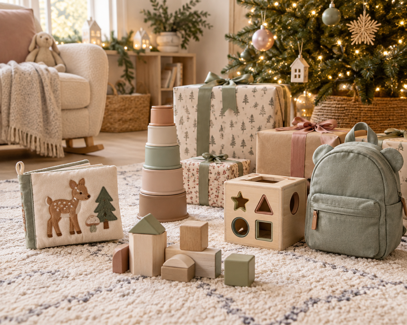 Weihnachtsgeschenke für Babys und Kleinkinder mit Holzspielzeug, Stoffbuch und Kinder­rucksack vor einem geschmückten Weihnachtsbaum.